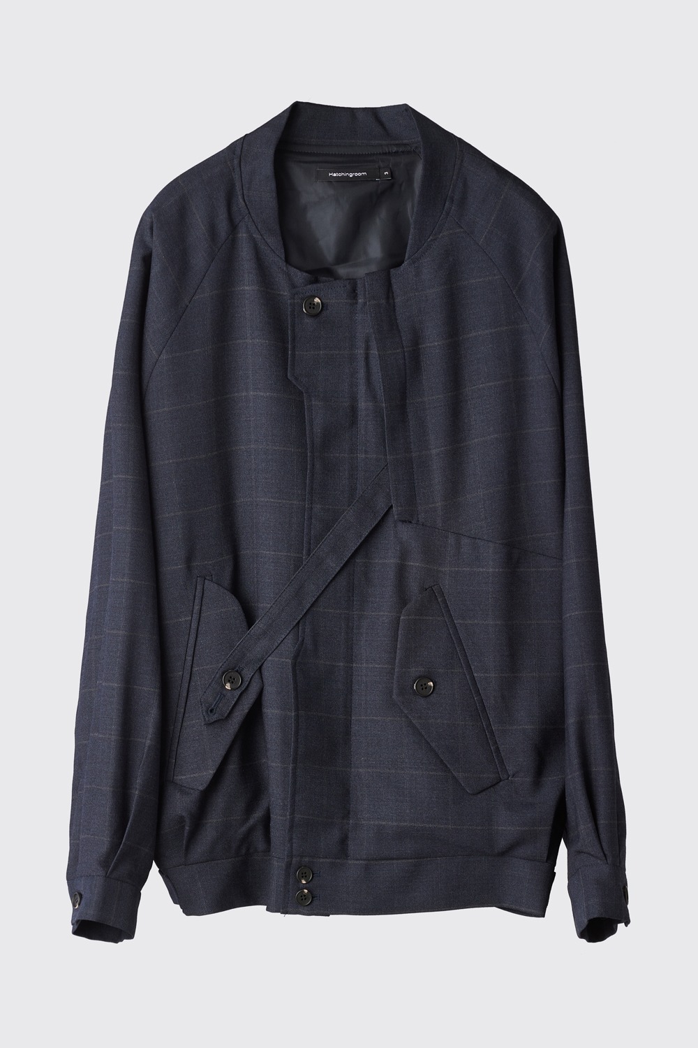 Non Collar Jacket Blue Charcoal Check Wool